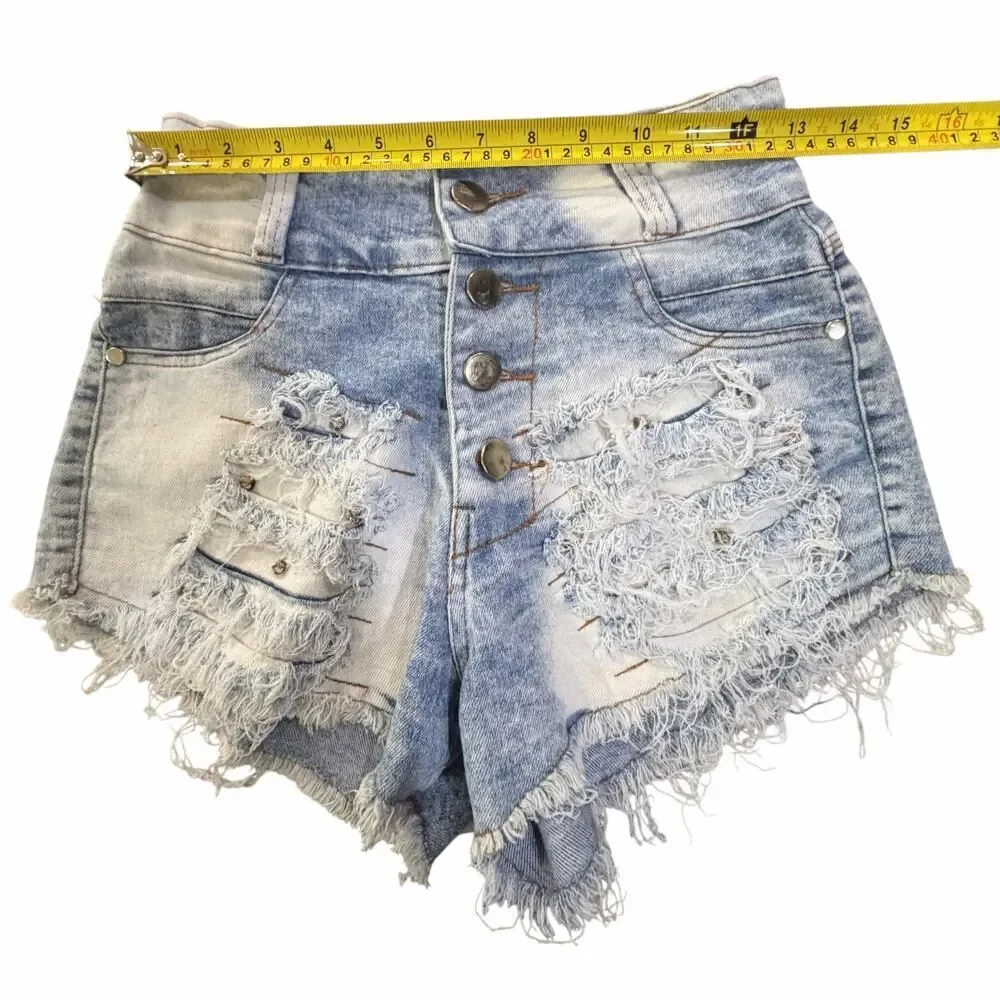 VTG Y2K Hyconts Brazilian Distressed Rhinestone Denim Button Fly Shorts Size 26